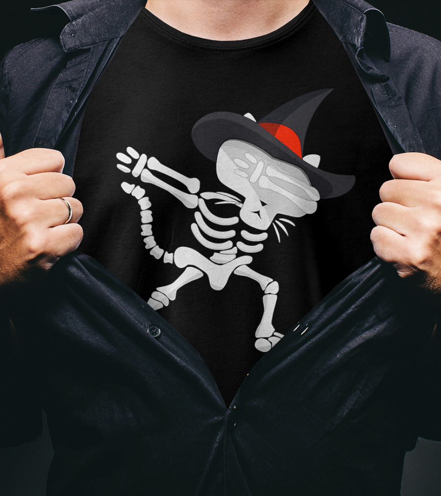 Dabbing Cat Skeleton With Witch Hat T-Shirt