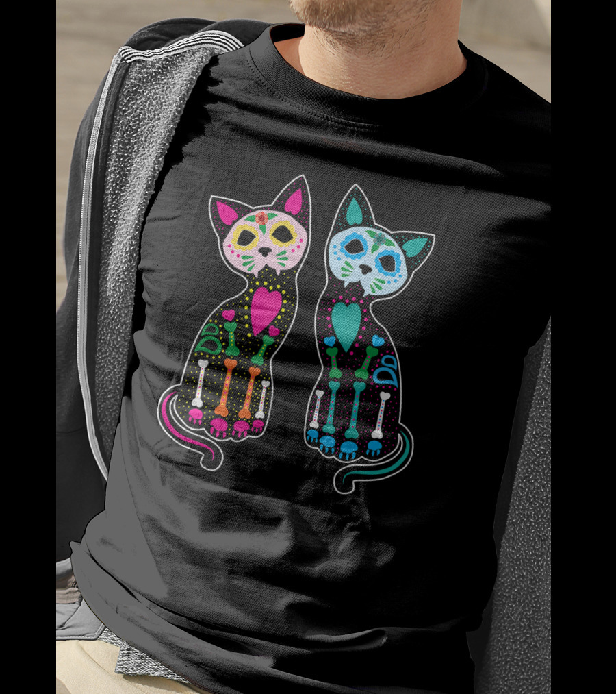 Day Of The Dead Sugar Skull Skeleton Cats T-Shirt