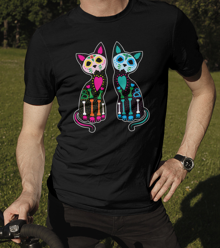 Day Of The Dead Sugar Skull Skeleton Cats T-Shirt