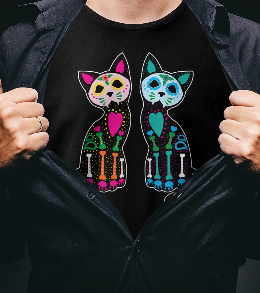 Day Of The Dead Sugar Skull Skeleton Cats T-Shirt