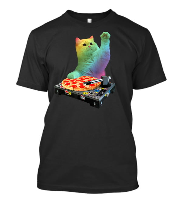 DJ Cat EDM Pizza Turntable Colorful Kitty Music Fun T-Shirt
