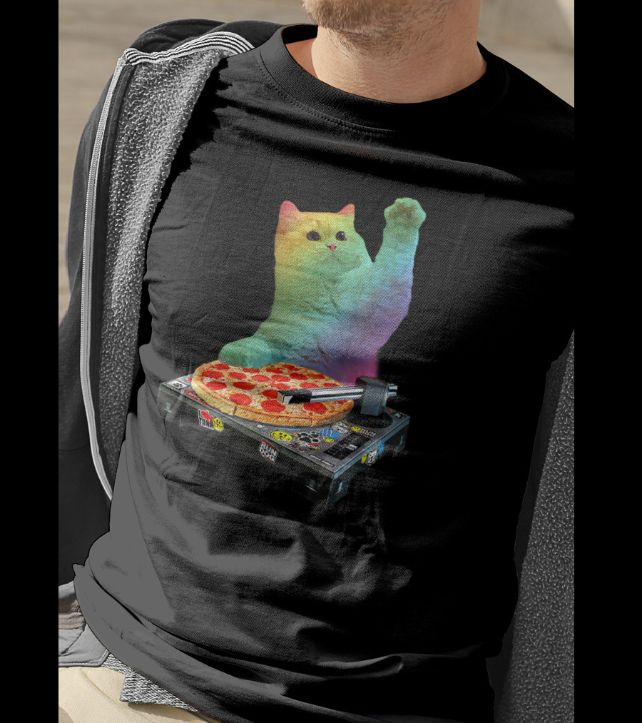 DJ Cat EDM Pizza Turntable Colorful Kitty Music Fun T-Shirt