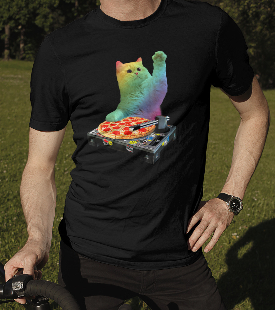 DJ Cat EDM Pizza Turntable Colorful Kitty Music Fun T-Shirt