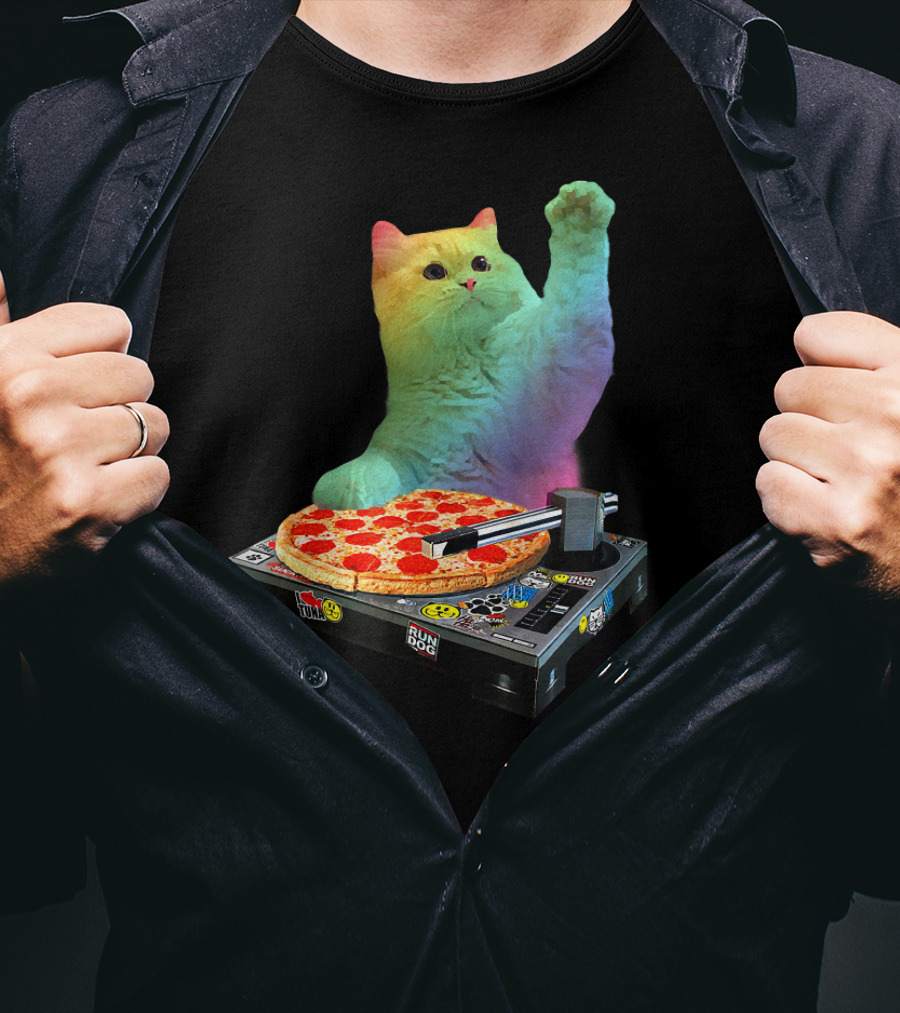 DJ Cat EDM Pizza Turntable Colorful Kitty Music Fun T-Shirt