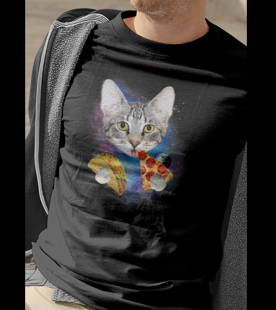Funny Space Cat Eating Pizza And Taco In Galaxy T-Shirt
