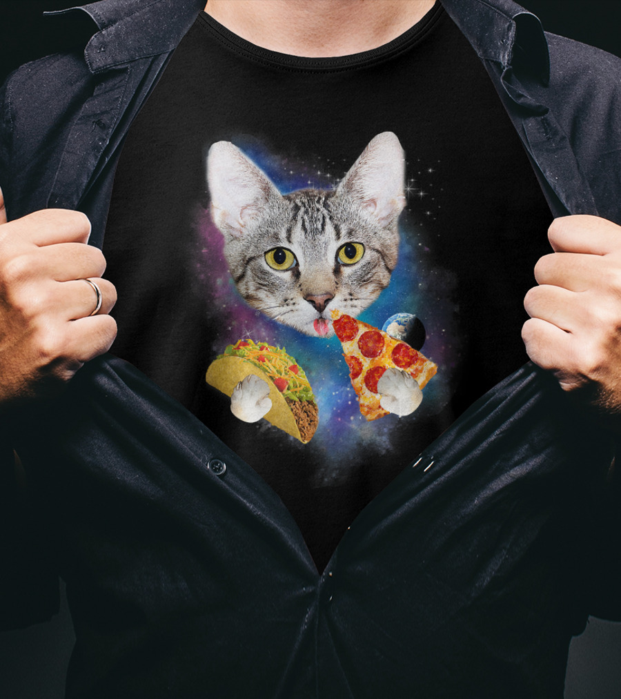 Funny Space Cat Eating Pizza And Taco In Galaxy T-Shirt
