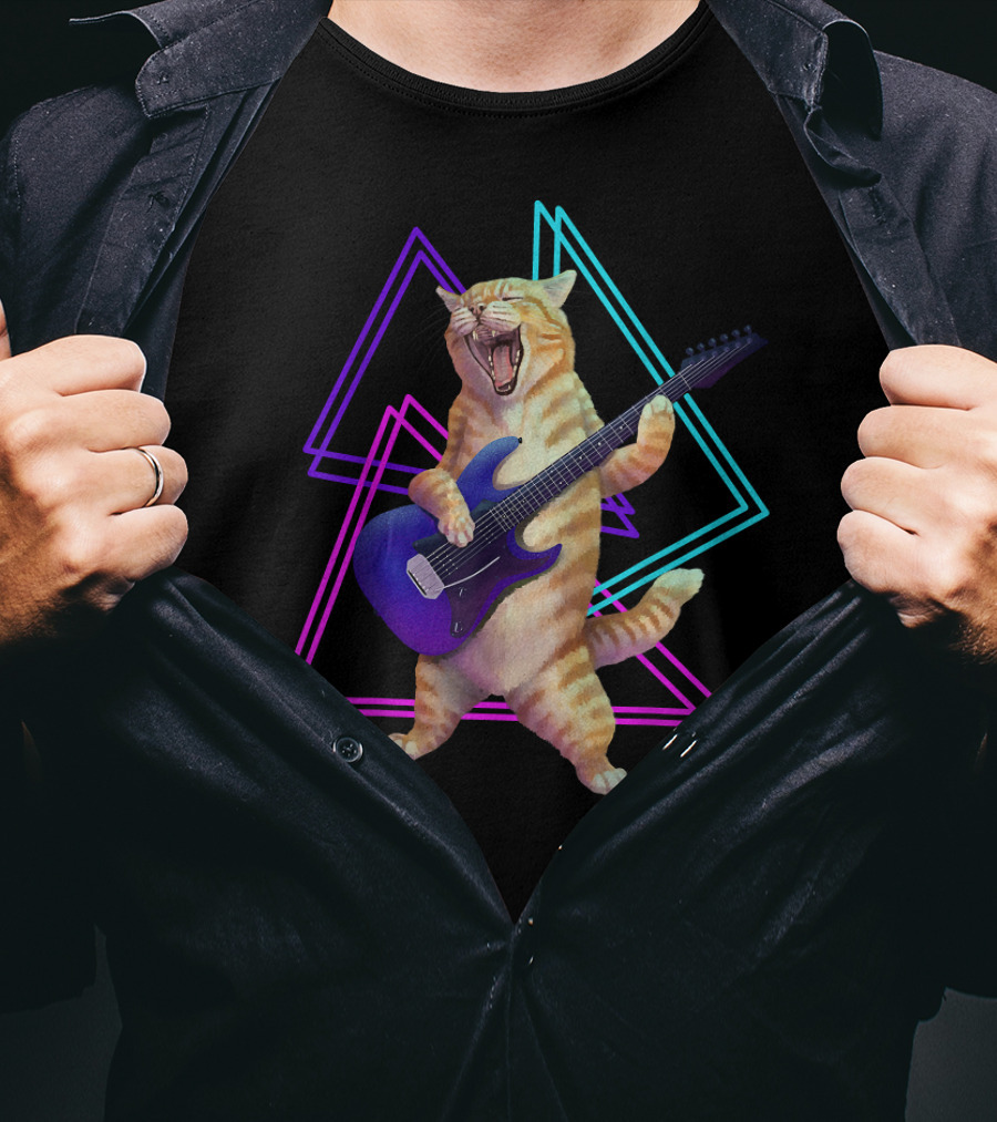 Guitar Cat Rock Kitty On Electric Guitar Neon Triangles T-Shirt