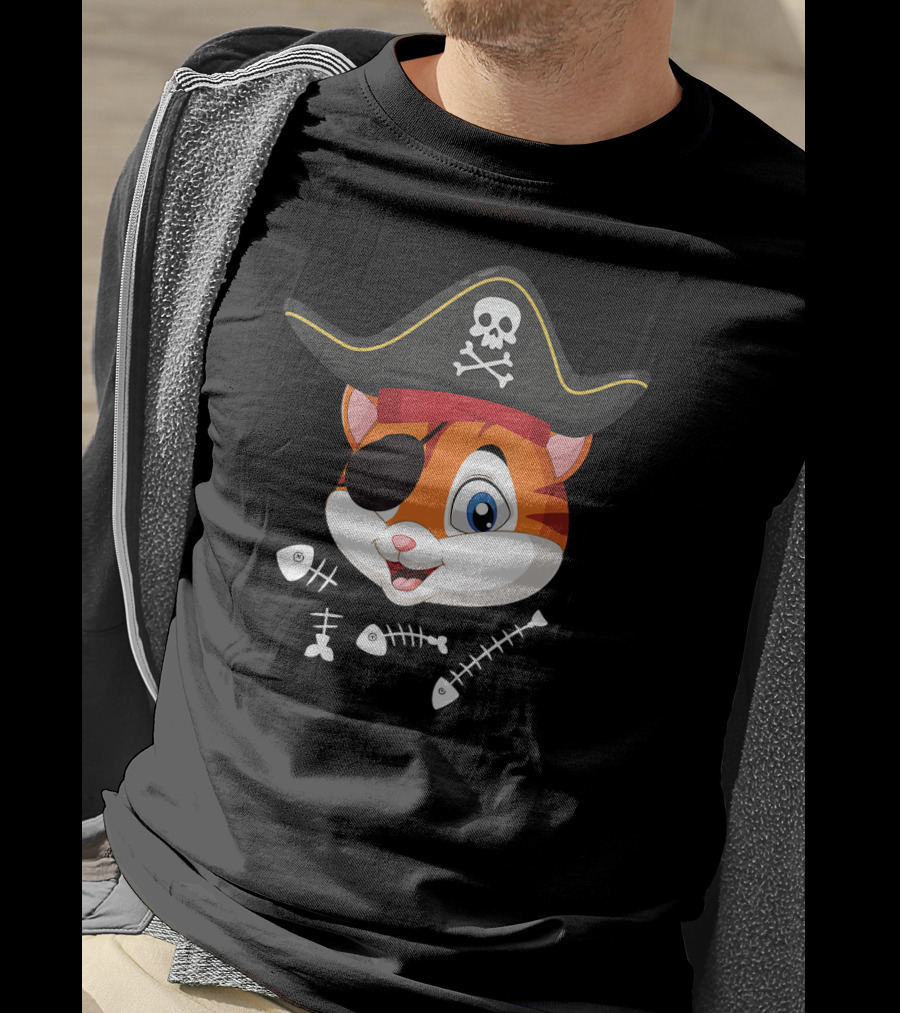 Halloween Pirate Cat With Eyepatch And Fish Bones T-Shirt