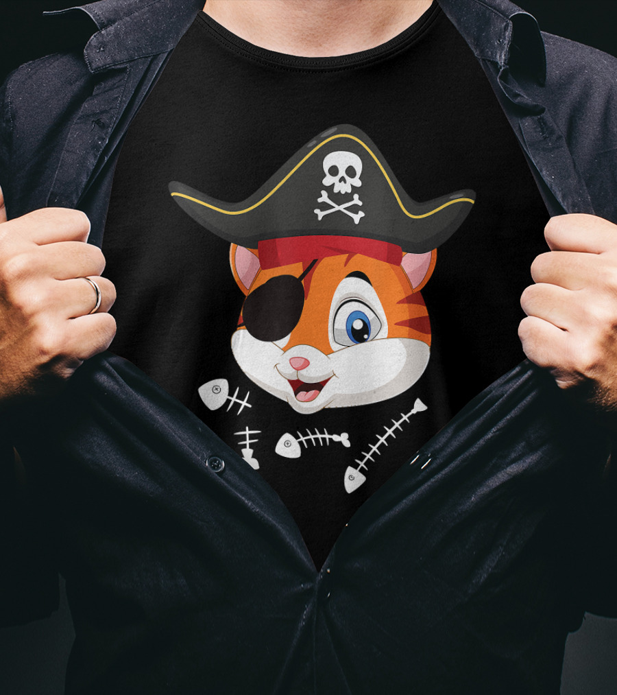 Halloween Pirate Cat With Eyepatch And Fish Bones T-Shirt