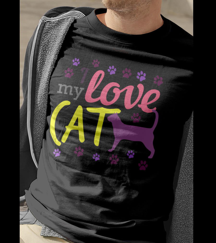 I Love My Cat Feline Owner Cute Pet Purple Paw Prints T-Shirt