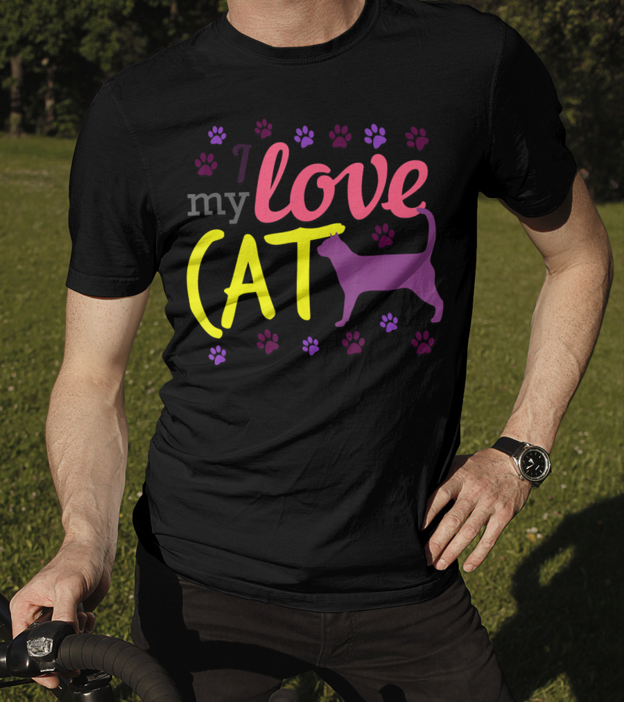 I Love My Cat Feline Owner Cute Pet Purple Paw Prints T-Shirt