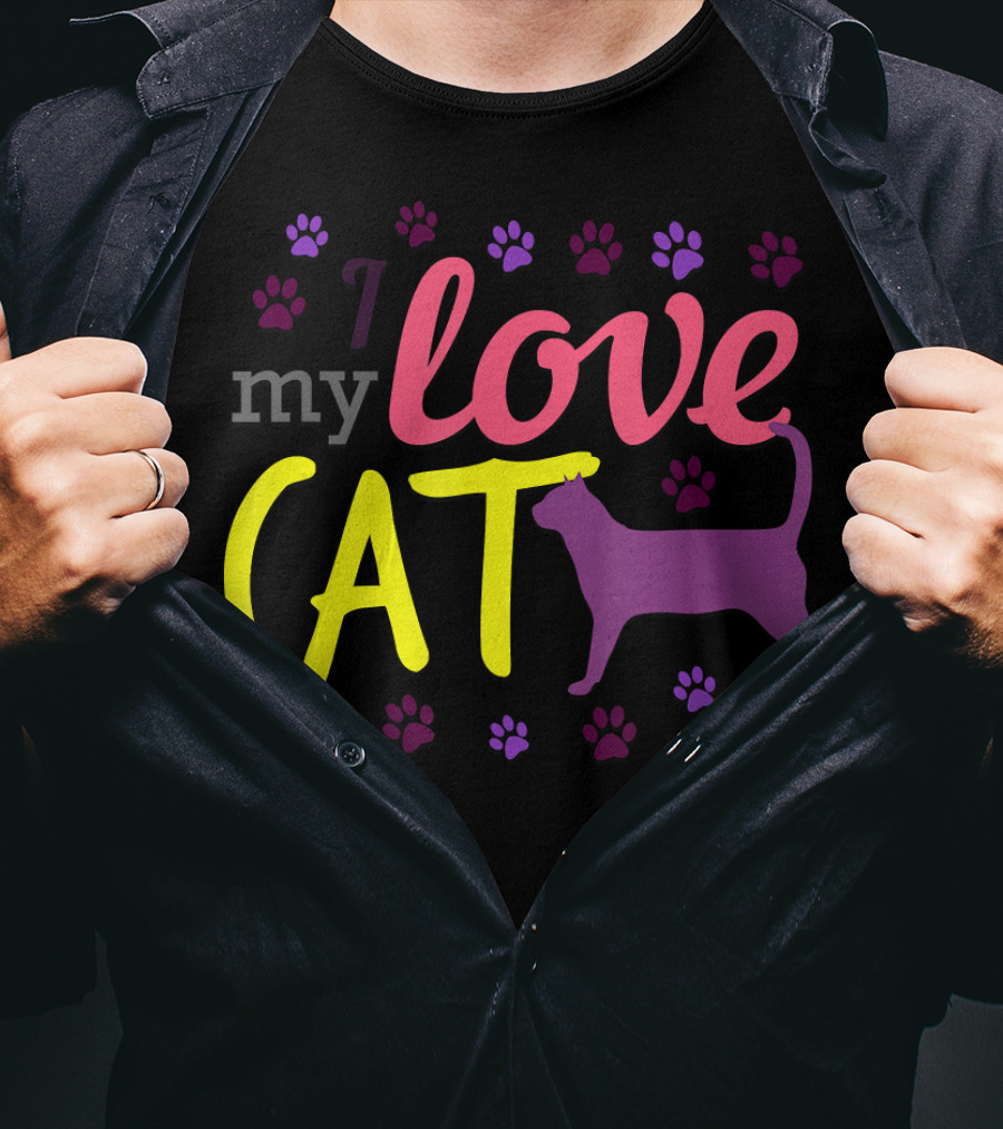 I Love My Cat Feline Owner Cute Pet Purple Paw Prints T-Shirt