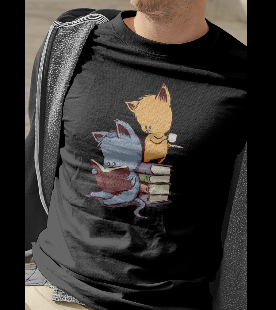 Kittens Reading Edgar Allan Poe With Tea And Books T-Shirt