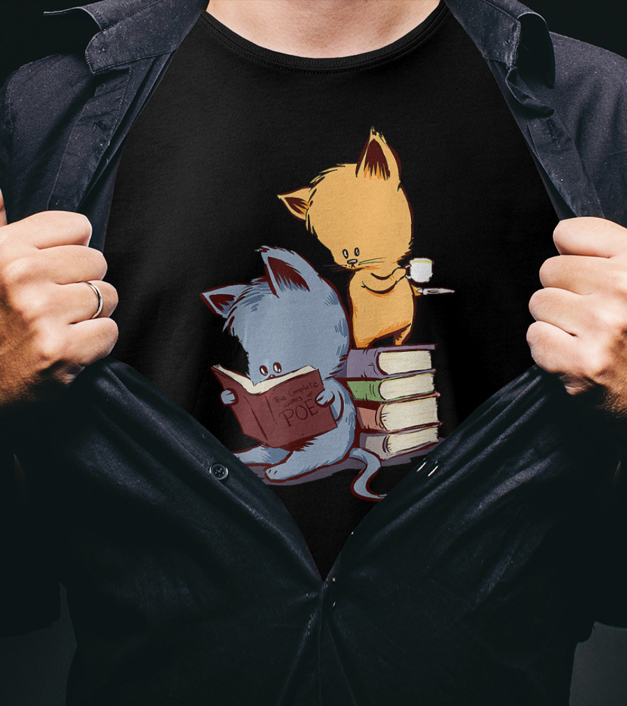 Kittens Reading Edgar Allan Poe With Tea And Books T-Shirt