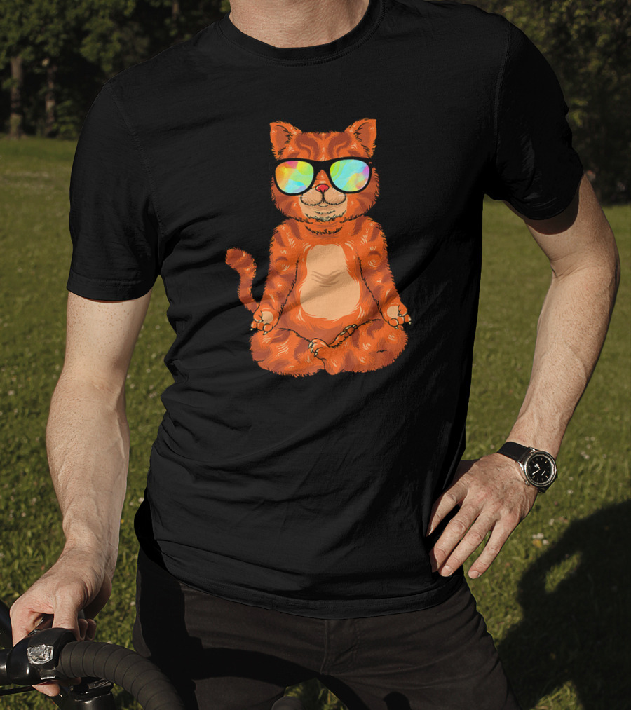 Meditating Cat In Colorful Sunglasses Yoga Pose Cute Drawing T-Shirt