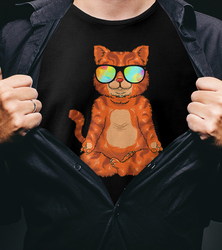 Meditating Cat In Colorful Sunglasses Yoga Pose Cute Drawing T-Shirt