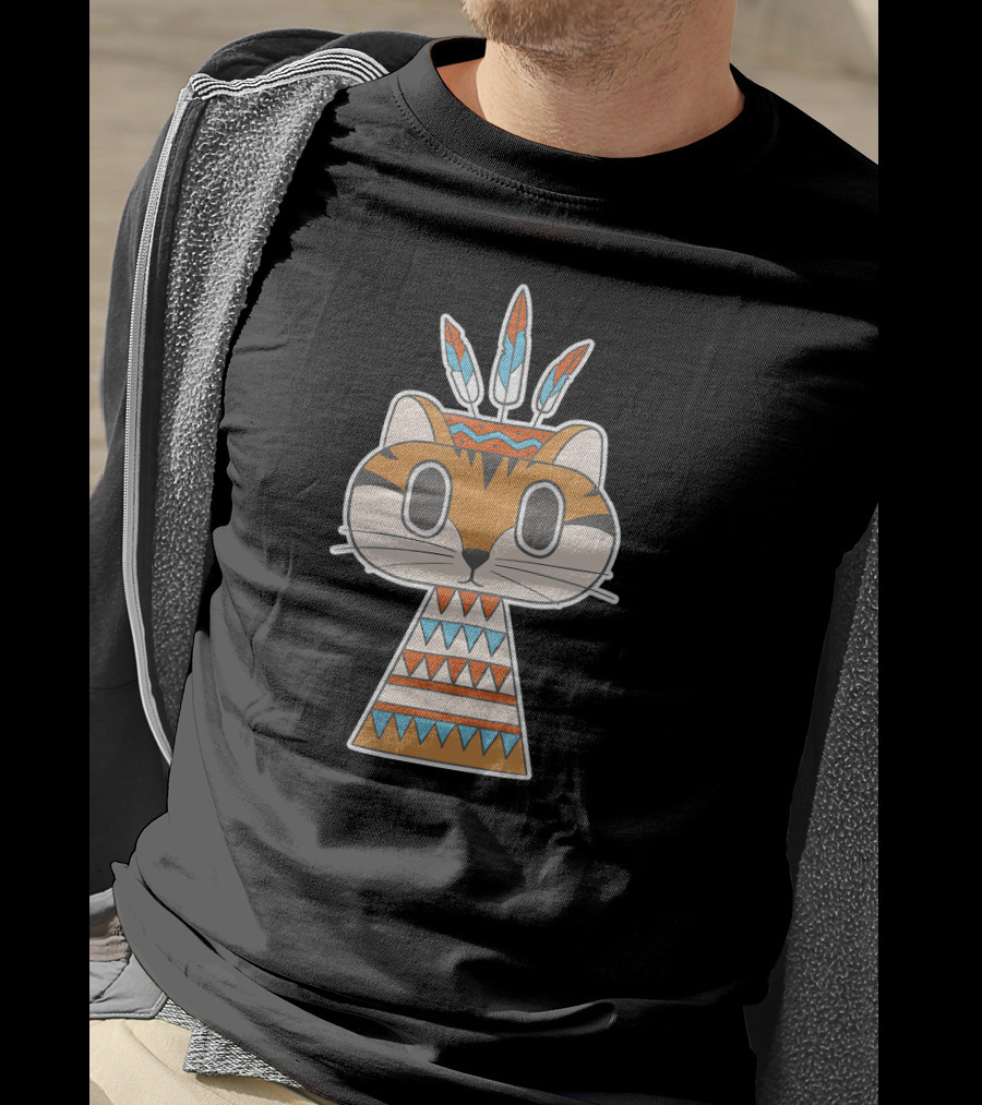 Native Cat American Boho Tribal Feathers T-Shirt