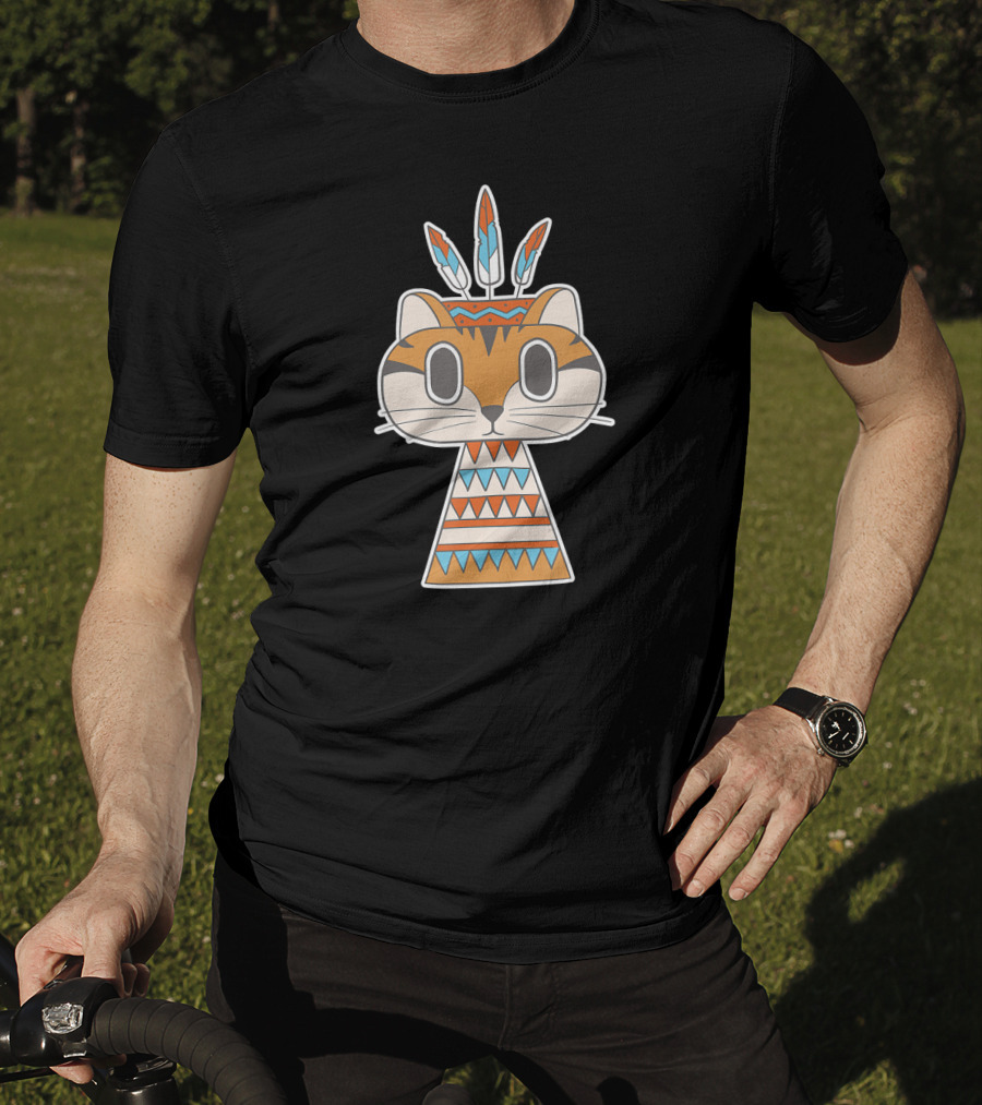 Native Cat American Boho Tribal Feathers T-Shirt