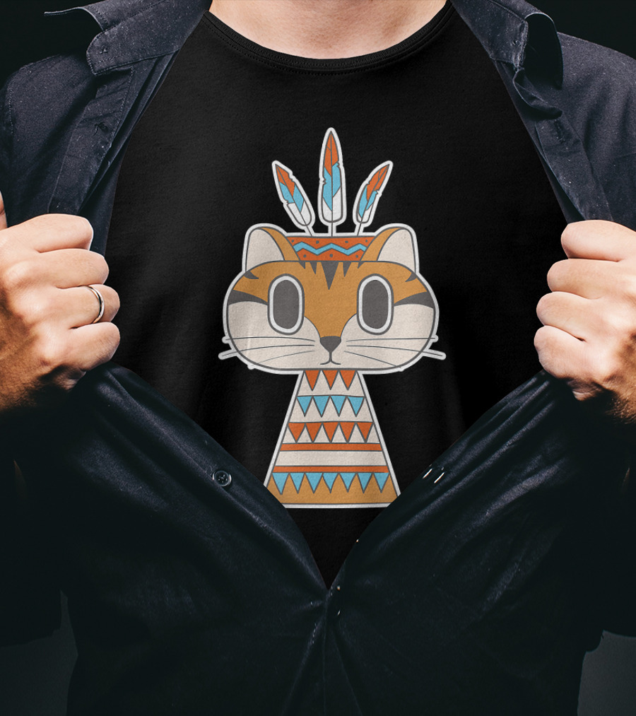 Native Cat American Boho Tribal Feathers T-Shirt