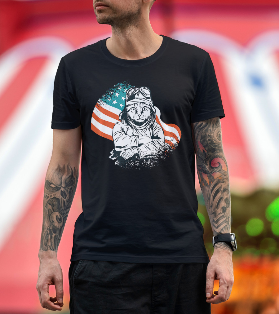 Patriotic Cat Aviator with American Flag for Cat Lovers T-Shirt
