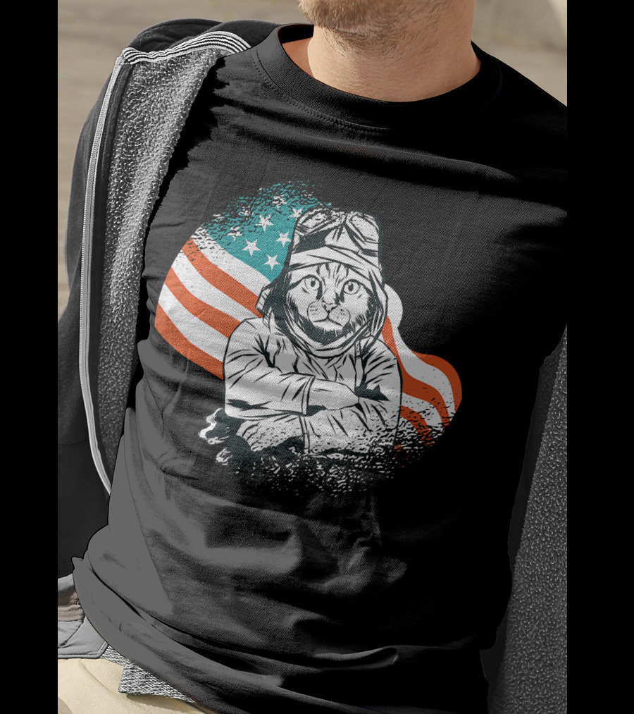 Patriotic Cat Aviator With American Flag For Cat Lovers T-Shirt