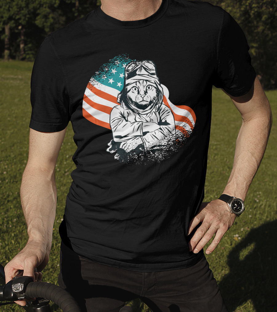 Patriotic Cat Aviator With American Flag For Cat Lovers T-Shirt