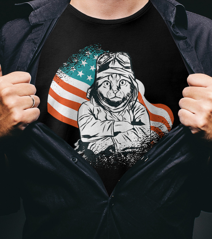 Patriotic Cat Aviator With American Flag For Cat Lovers T-Shirt