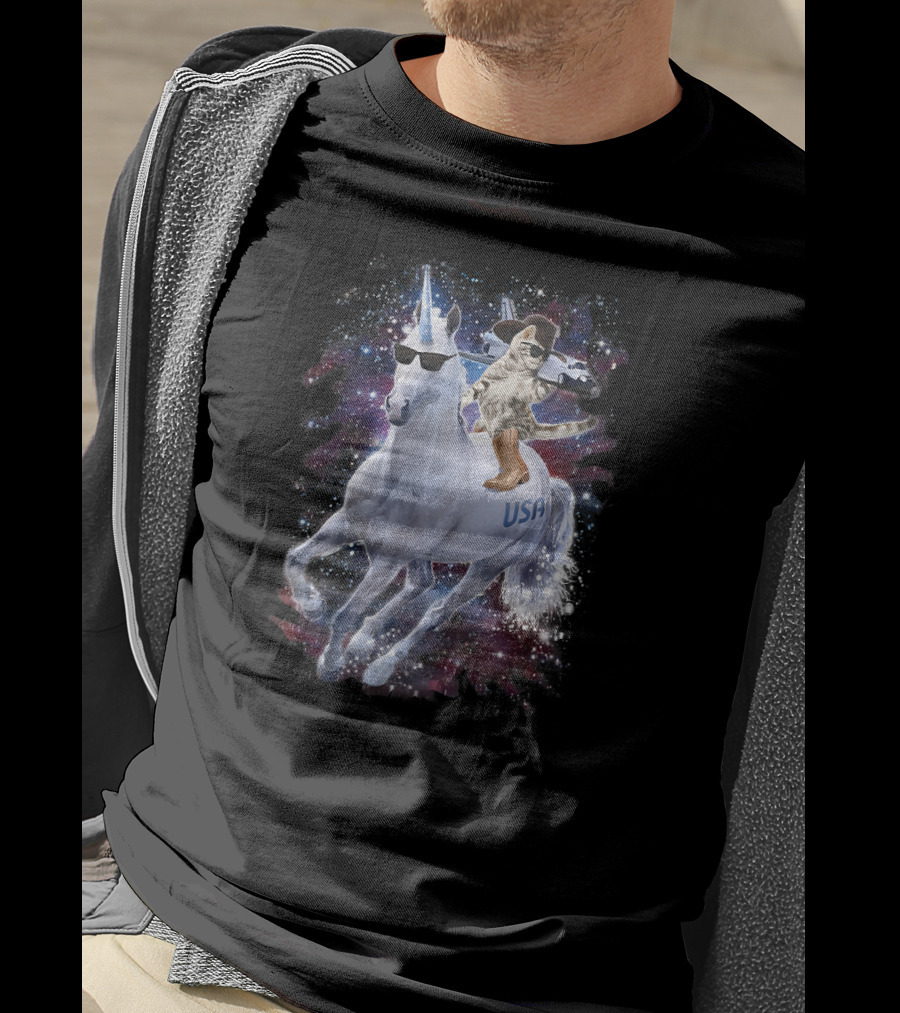 USA Space Cowboy Cat Riding Sunglasses Unicorn In Galaxy T-Shirt