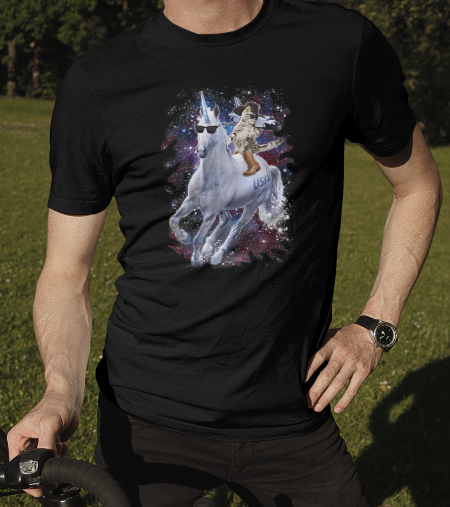 USA Space Cowboy Cat Riding Sunglasses Unicorn In Galaxy T-Shirt