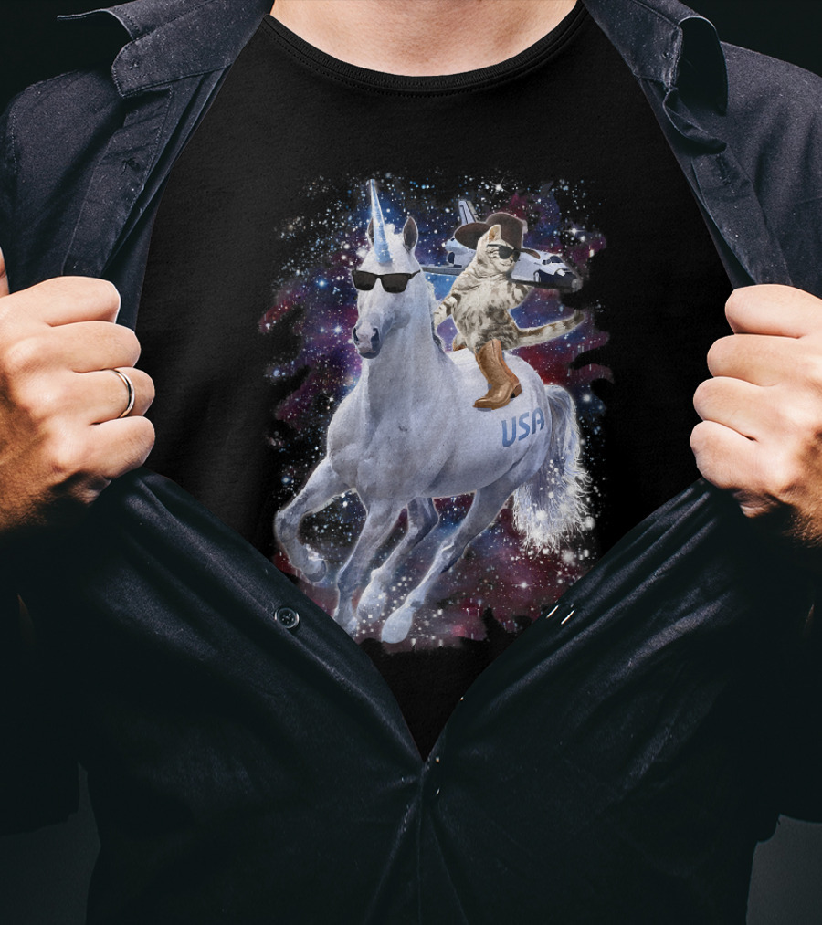USA Space Cowboy Cat Riding Sunglasses Unicorn In Galaxy T-Shirt