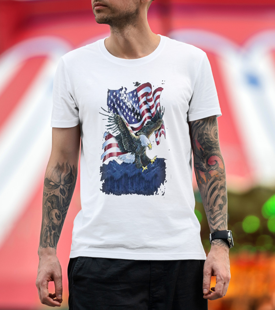 Bald Eagle Over Mountains With American Flag Background T-Shirt