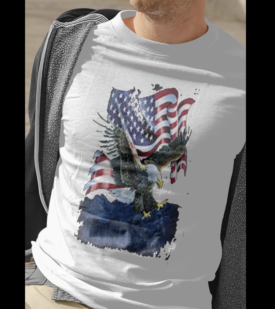 Bald Eagle Over Mountains With American Flag Background T-Shirt