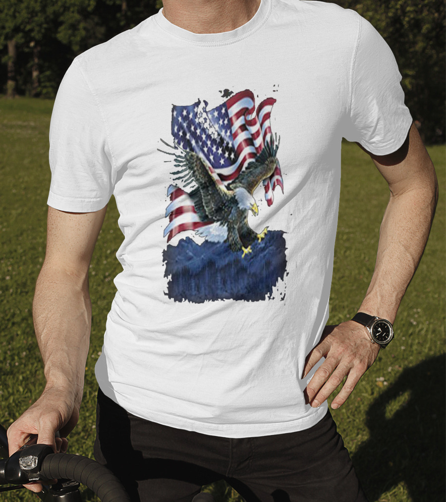 Bald Eagle Over Mountains With American Flag Background T-Shirt