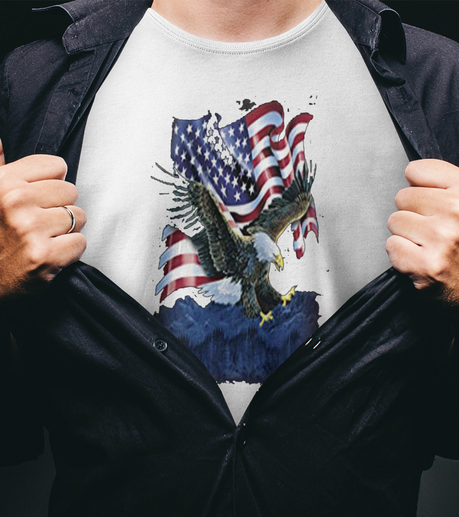 Bald Eagle Over Mountains With American Flag Background T-Shirt