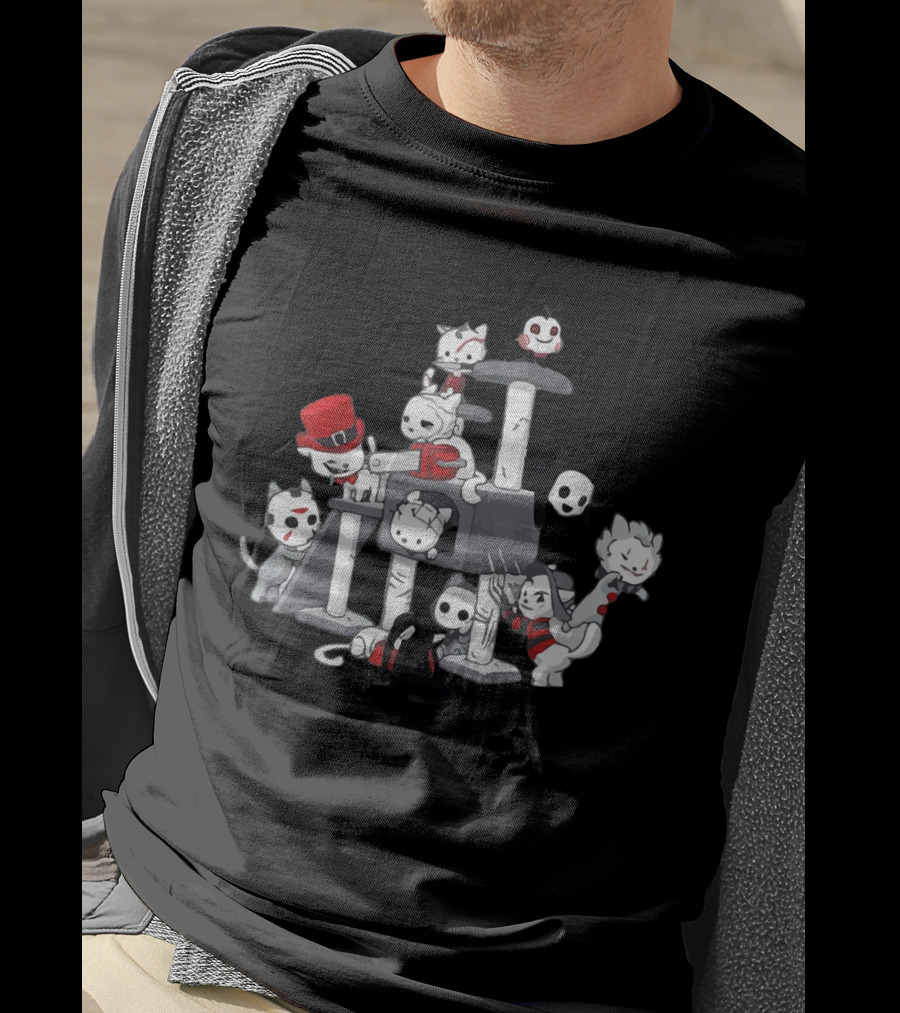 Cat Horror Movie Characters On Scratching Post With Masks And Costumes T-Shirt