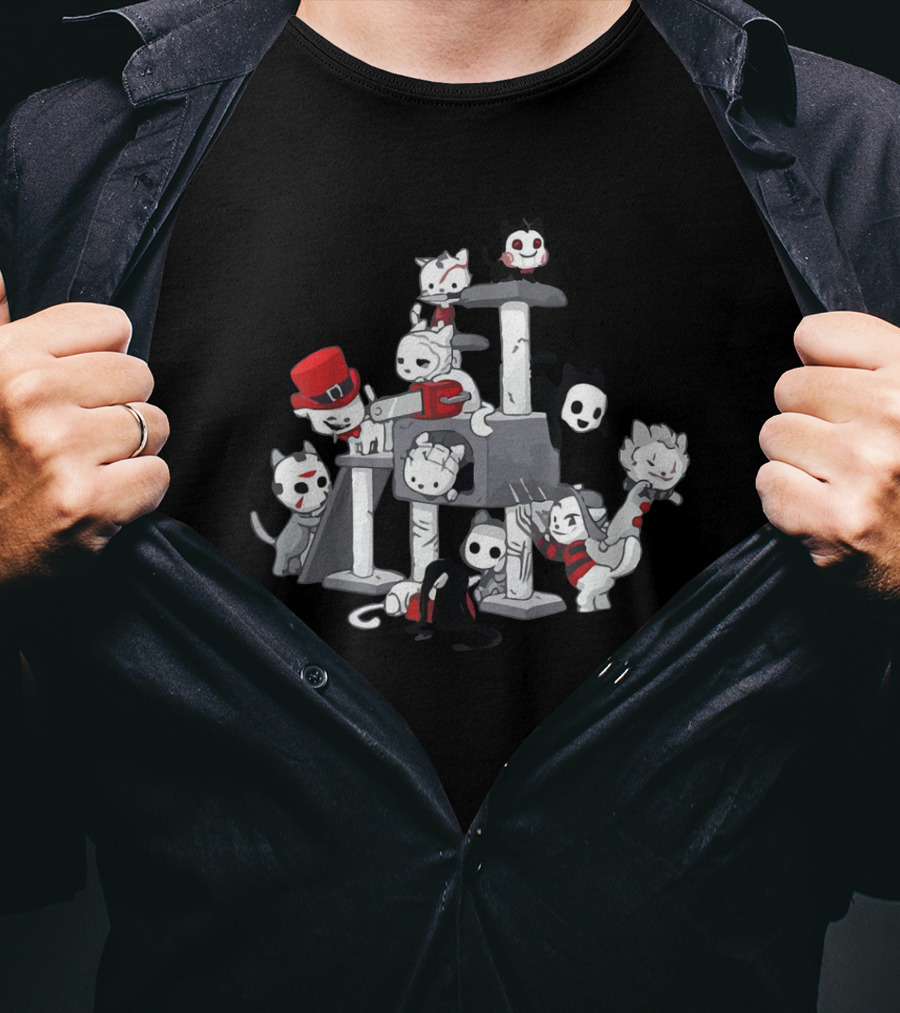Cat Horror Movie Characters On Scratching Post With Masks And Costumes T-Shirt