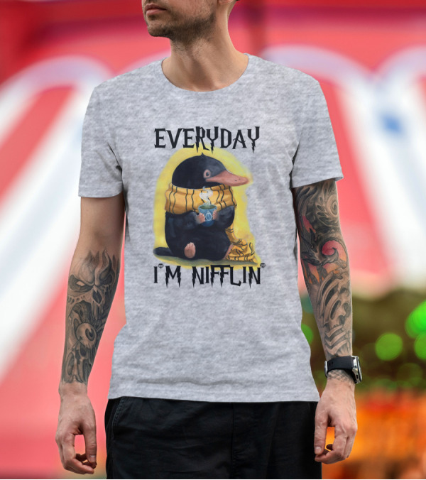 Premium T-Shirt: Everyday I'm Nifflin' Magical Creature with Scarf and Tea Cup T-Shirt Everyday I'm Nifflin' Magical Creature with Scarf and Tea Cup T-Shirt