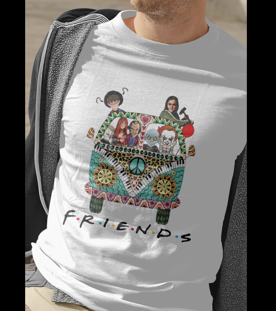 Hippie Van Journey With Friends Featuring Iconic Horror Movie Characters T-Shirt