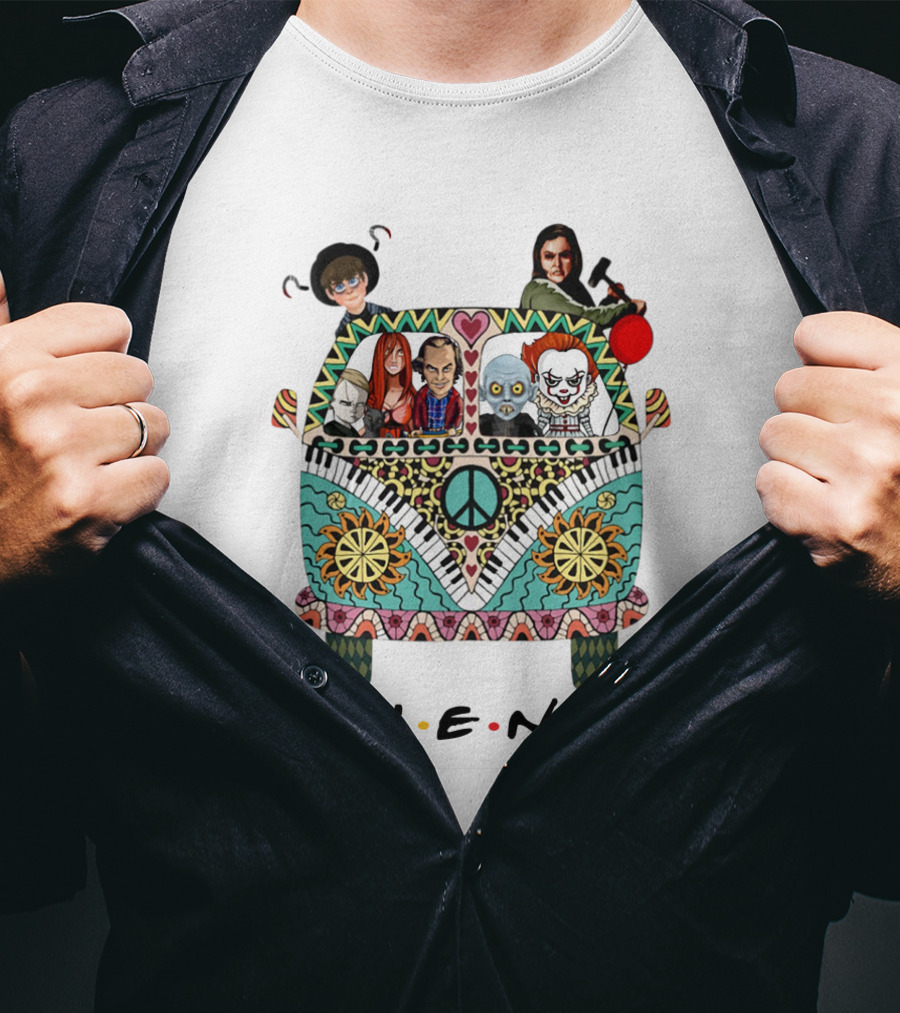 Hippie Van Journey With Friends Featuring Iconic Horror Movie Characters T-Shirt