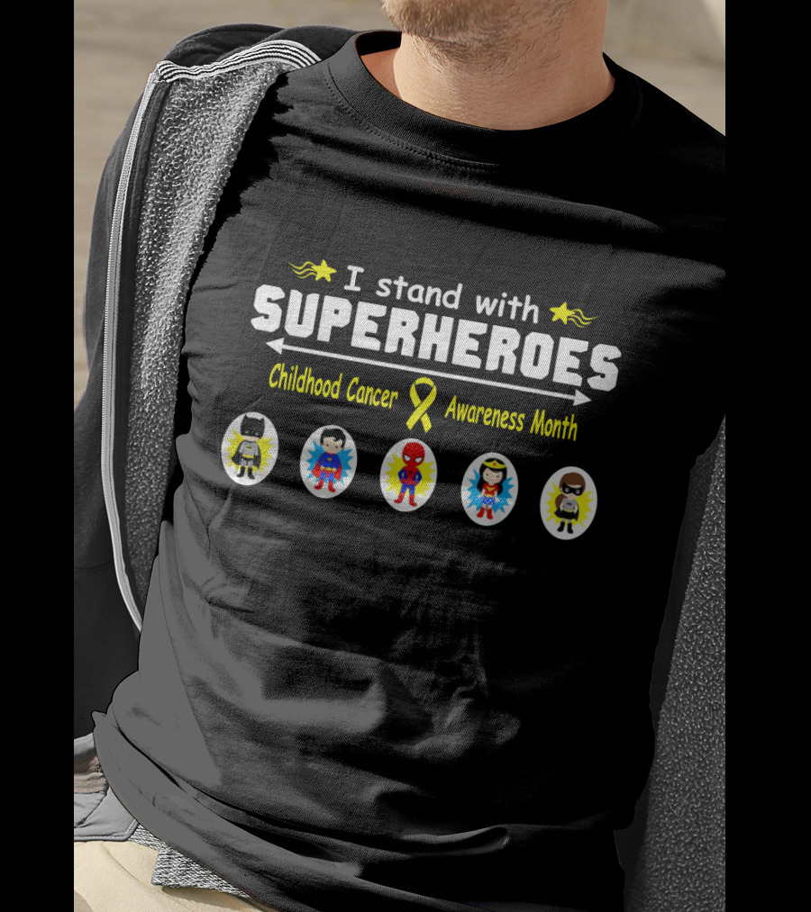 I Stand With Superheroes Childhood Cancer Awareness Month Yellow Ribbon Icons T-Shirt