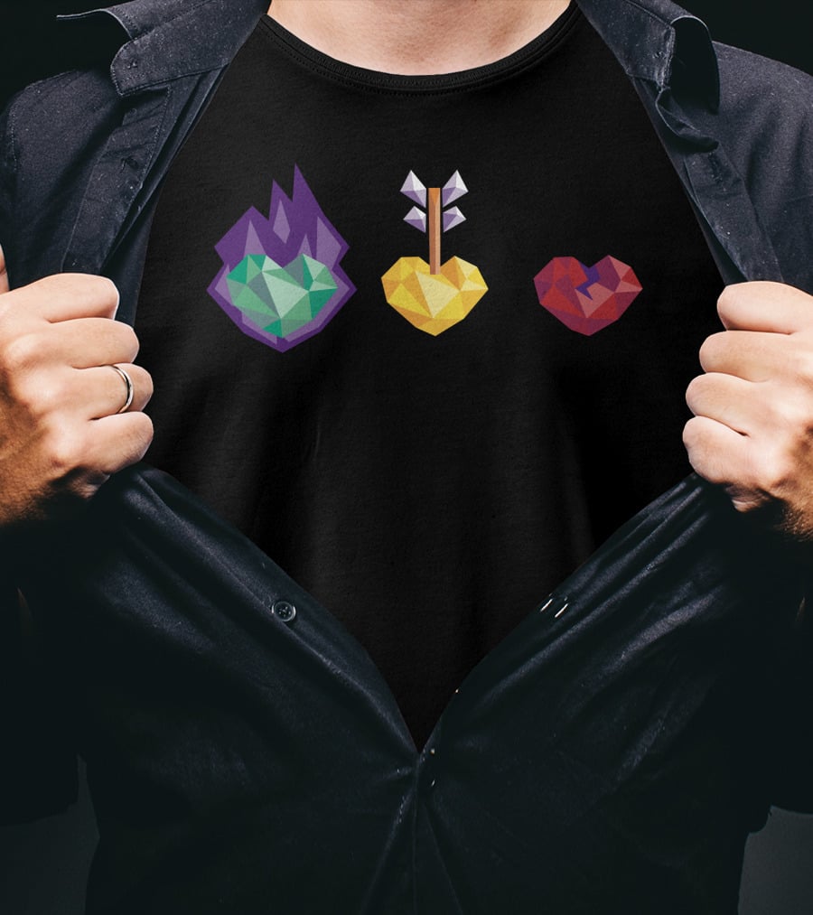 Polygon Heart Trio With Fire Arrow And Crack T-Shirt