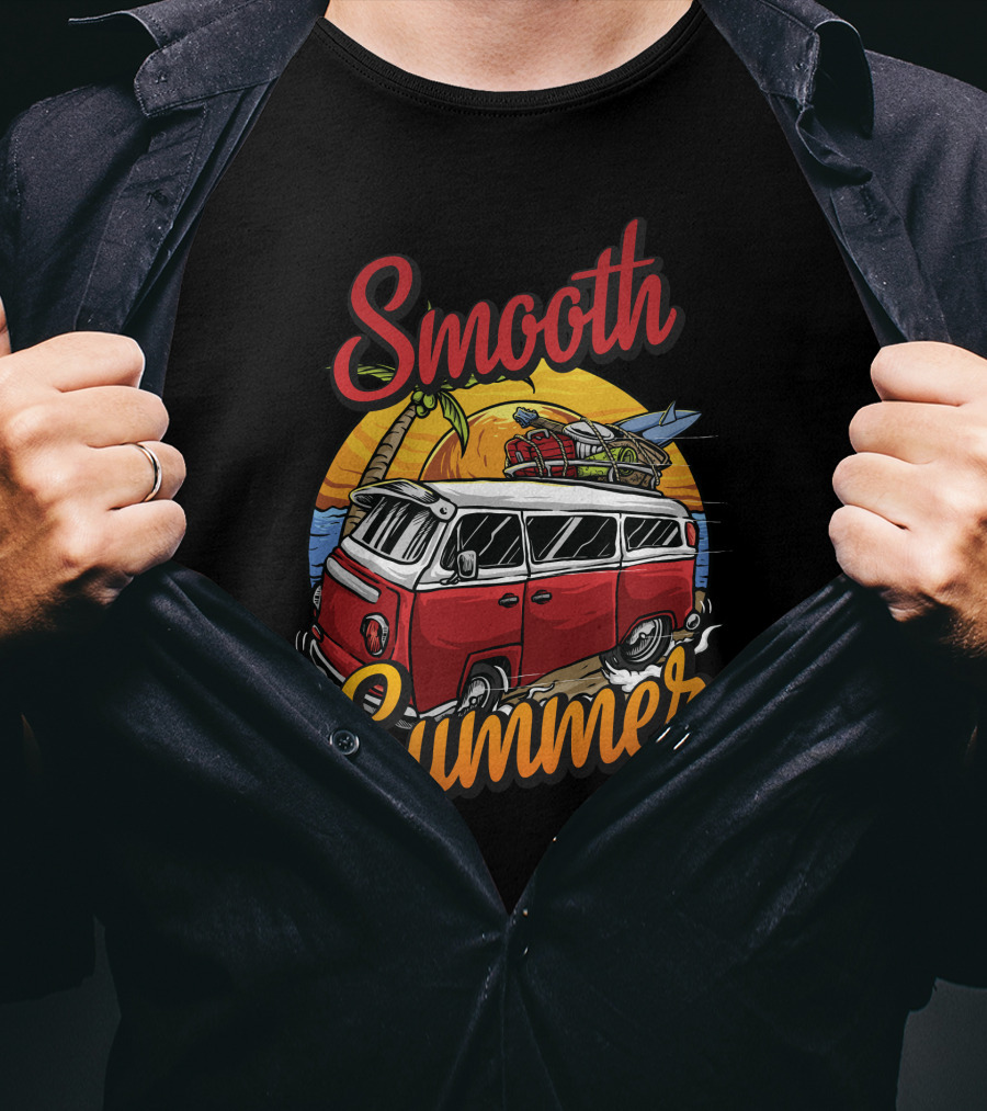 Smooth Summer Vintage Surf Van Adventure With Palm Trees And Sunset T-Shirt