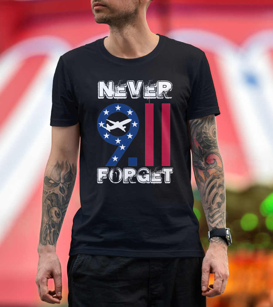 911 Never Forget 9.11 Memorial Remembrance with Stars and Airplane T-Shirt
