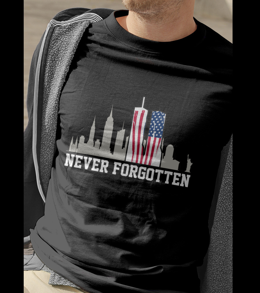 Never Forgotten September 11 Memorial 911 Twin Towers American Flag T-Shirt