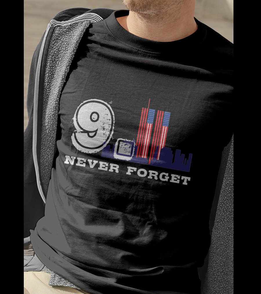 9 Never Forget Twin Towers Skyline American Flag T-Shirt