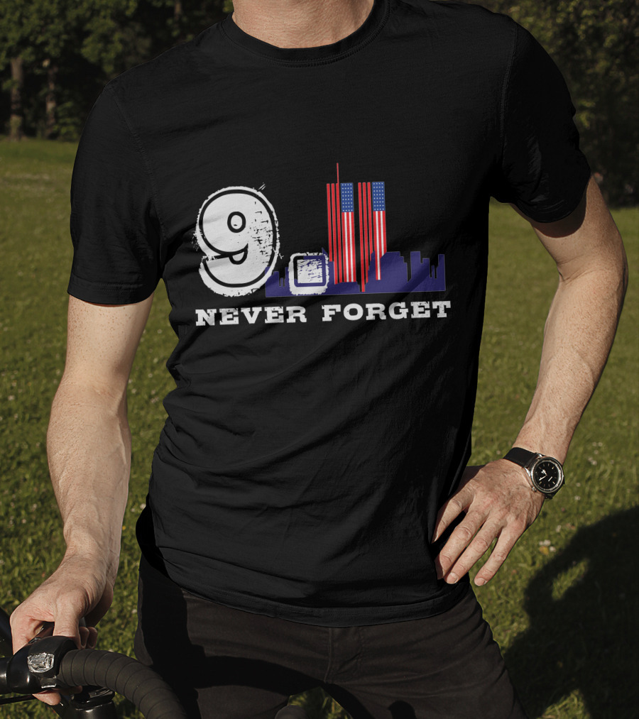9 Never Forget Twin Towers Skyline American Flag T-Shirt