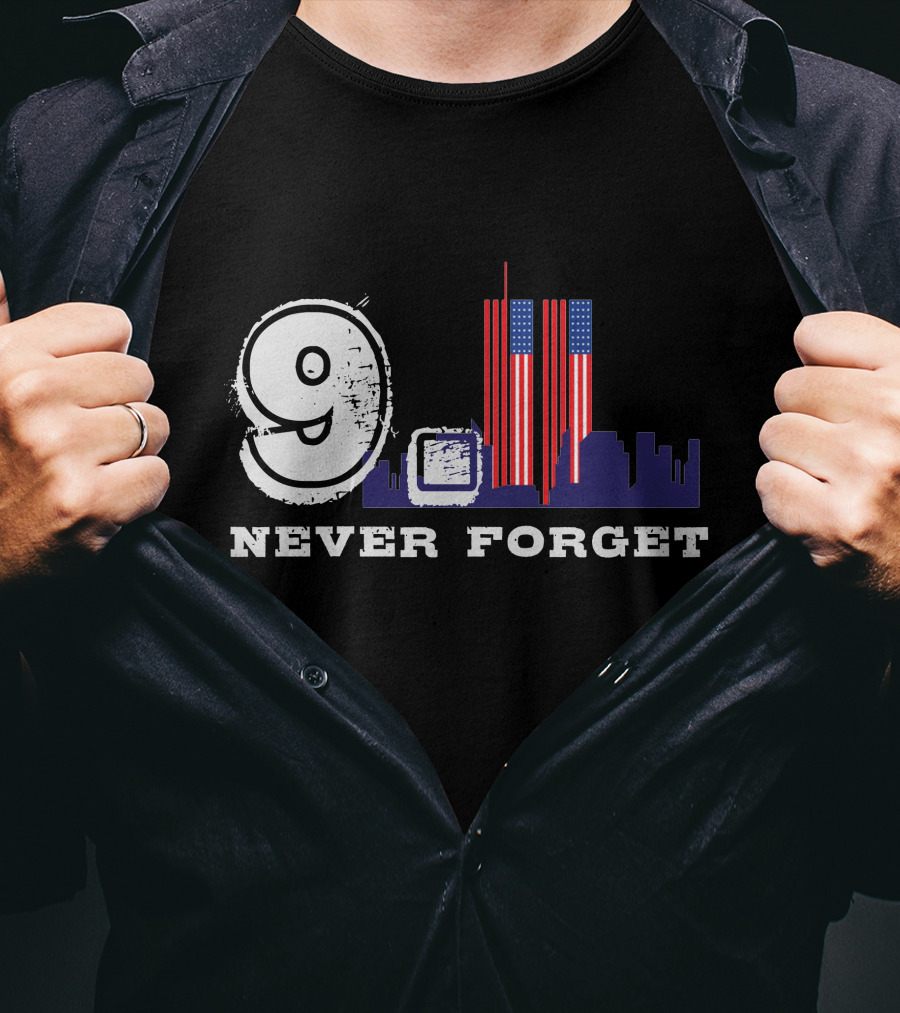 9 Never Forget Twin Towers Skyline American Flag T-Shirt