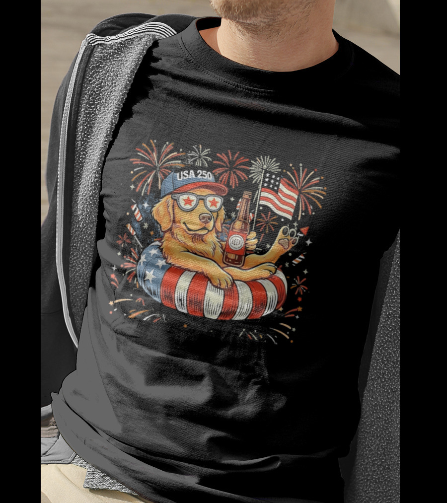 Golden Retriever Beer USA 250 Fireworks American Flag 4th Of July T-Shirt