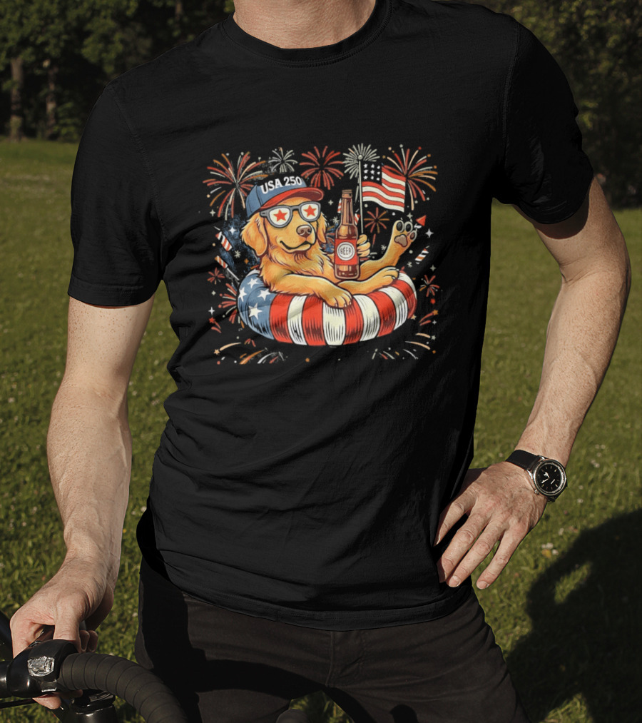 Golden Retriever Beer USA 250 Fireworks American Flag 4th Of July T-Shirt