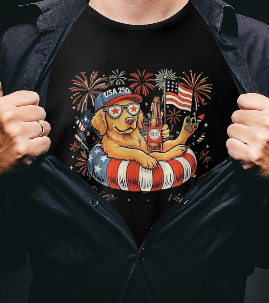 Golden Retriever Beer USA 250 Fireworks American Flag 4th Of July T-Shirt